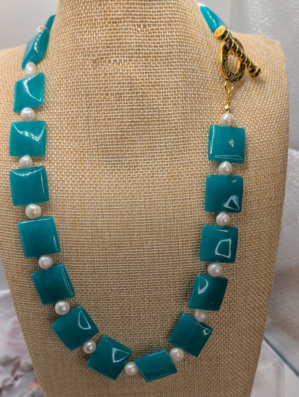 Elegant Teal Green Chalcedony Square Bead Necklace with Pearl Accents